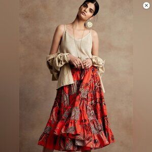 Banana Republic Stampa Red Floral Tier Wrap Skirt